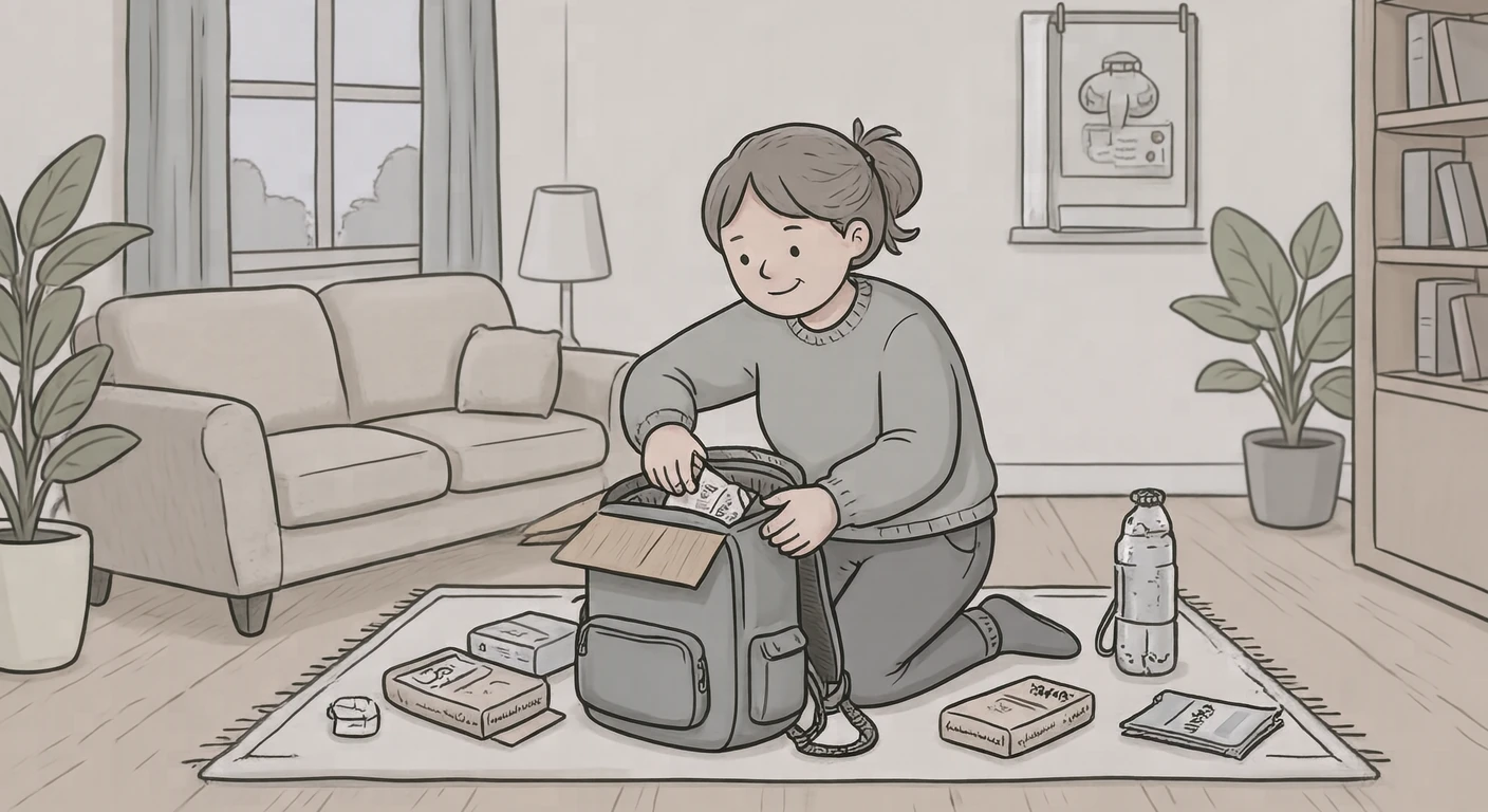 Illustration of one resident kneeling on the floor and packing emergency food into a backpack, in a bright living room, while doing the housework (loose cartoon)