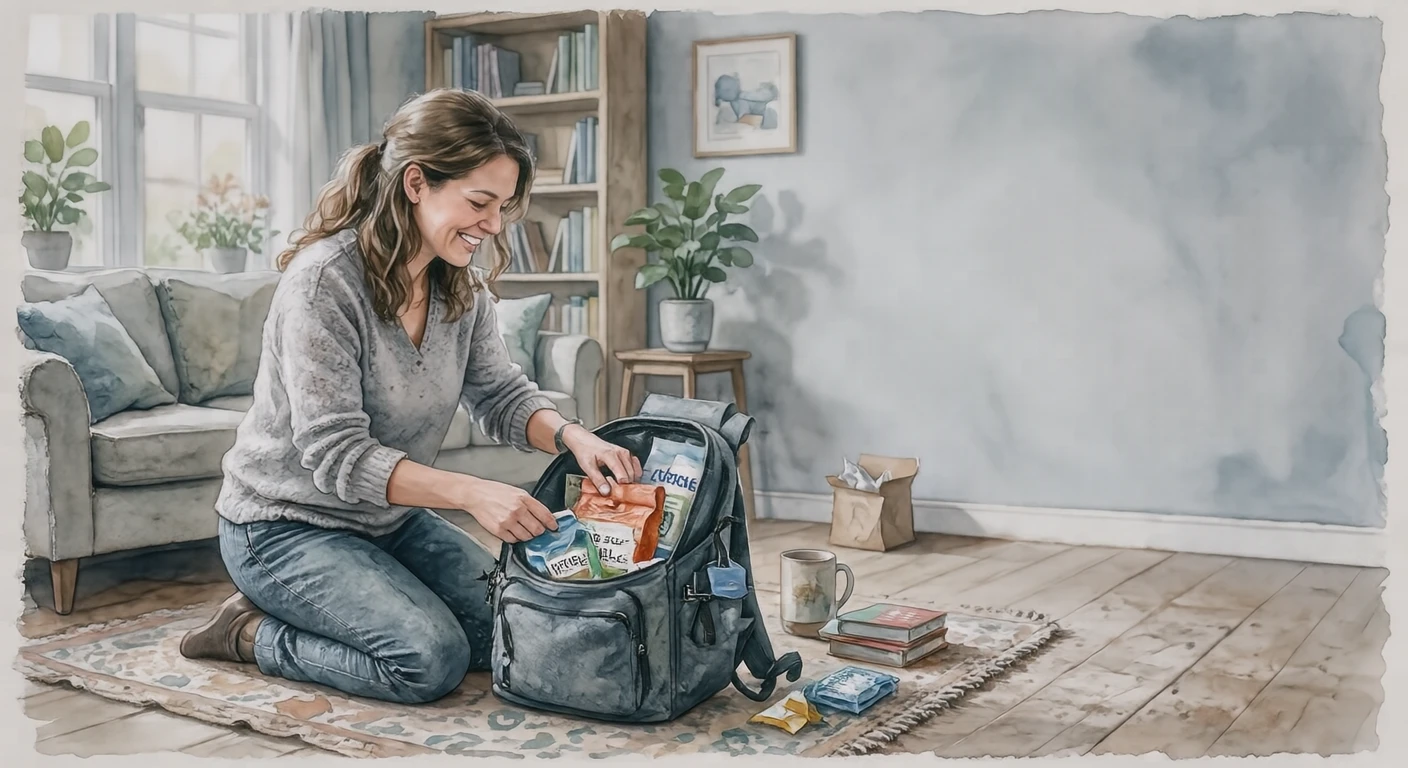 Illustration of one resident kneeling on the floor and packing emergency food into a backpack, in a bright living room, while doing the housework (watercolor)