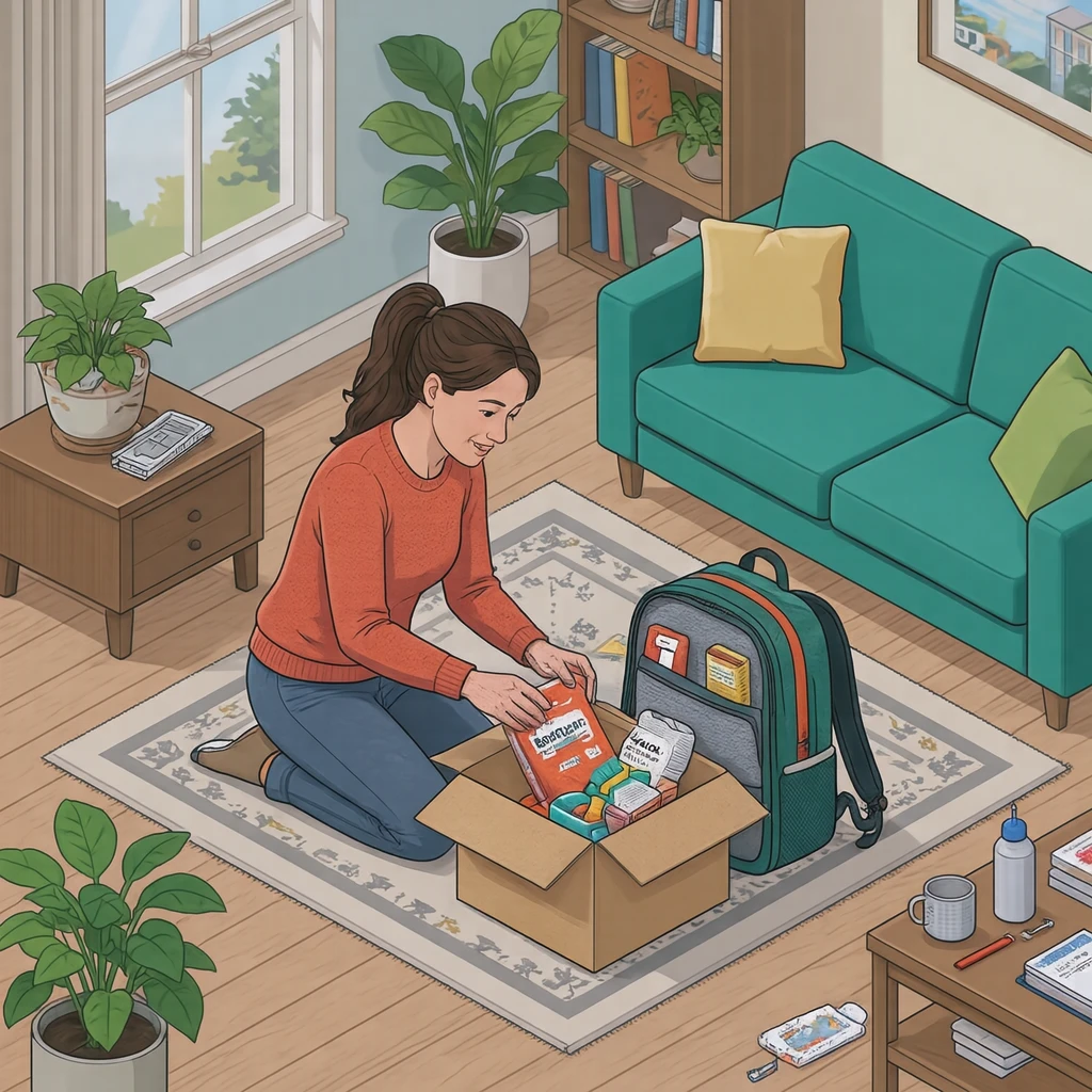 Illustration of one resident kneeling on the floor and packing emergency food into a backpack, in a bright living room, while doing the housework (isometric)