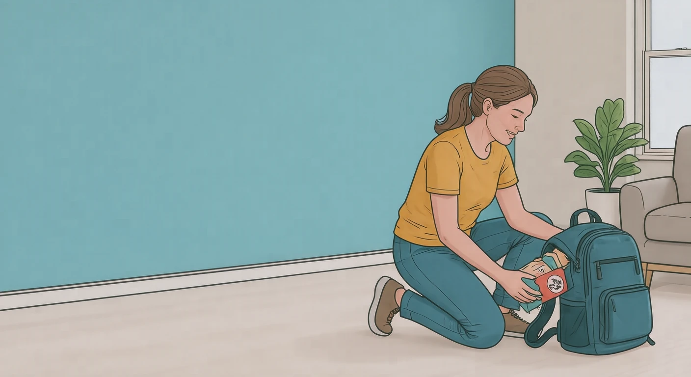Illustration of one resident kneeling on the floor and packing emergency food into a backpack, in a bright living room, while doing the housework (simple line art)
