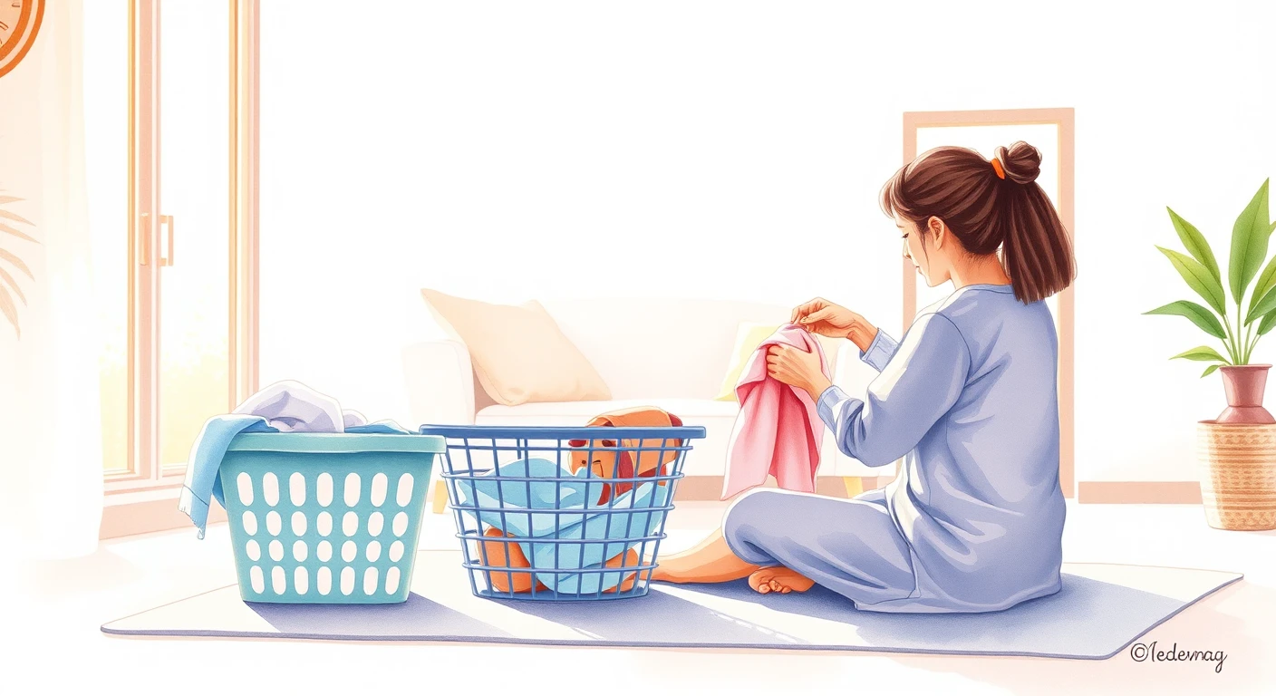 家事の自宅で洗濯物をたたむ住人のイラスト（水彩）