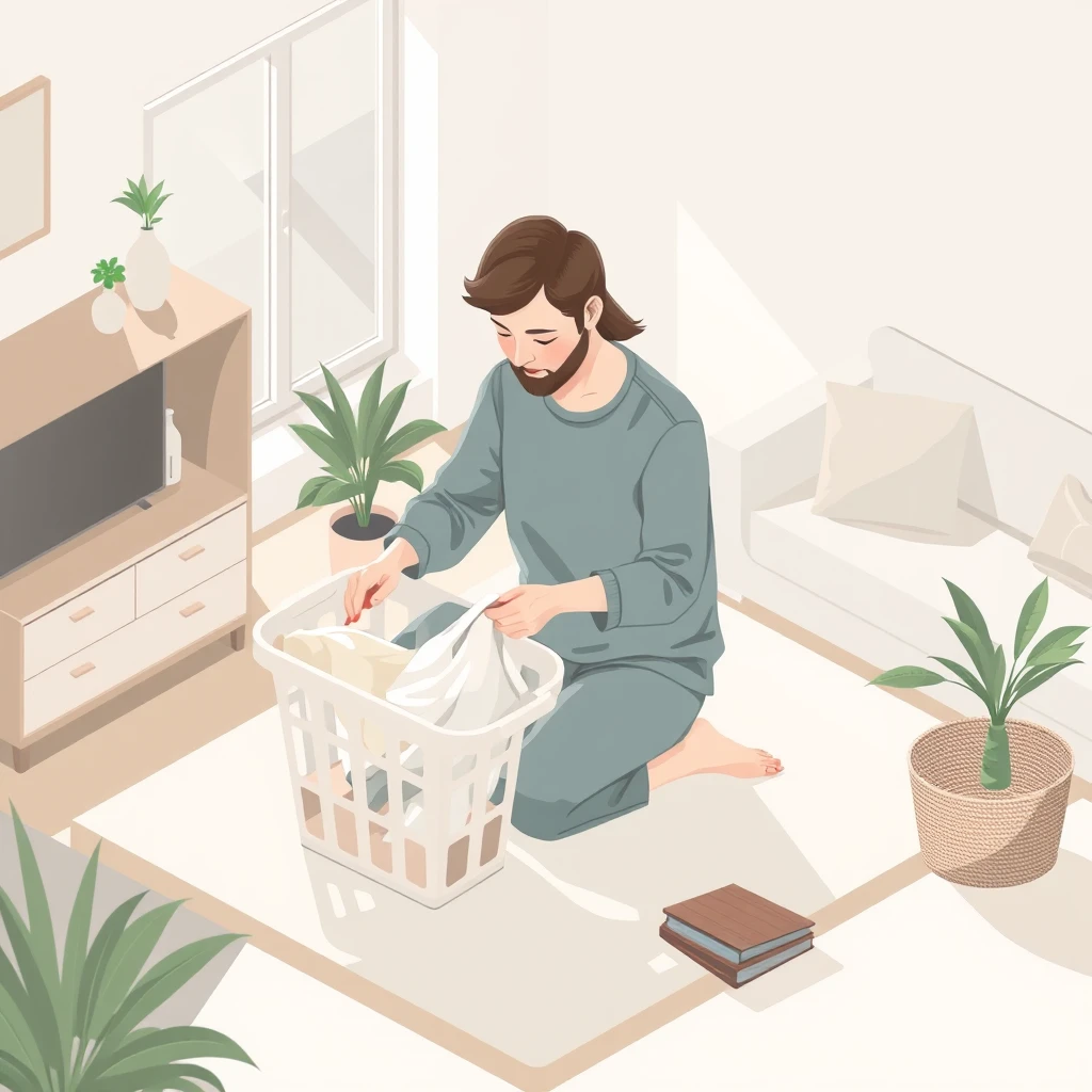 家事の自宅で洗濯物をたたむ住人のイラスト（アイソメトリック）