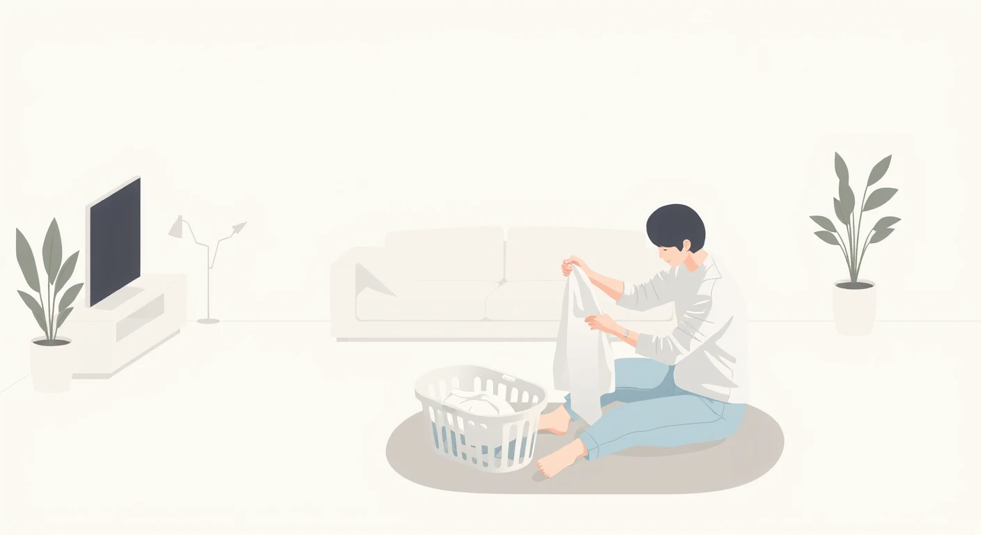 家事の自宅で洗濯物をたたむ住人のイラスト（アイソメトリック）