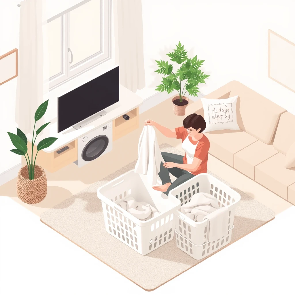 家事の自宅で洗濯物をたたむ住人のイラスト（アイソメトリック）