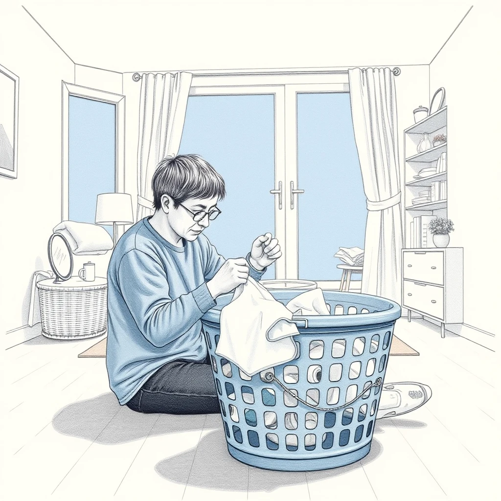 家事の自宅で洗濯物をたたむ住人のイラスト（色鉛筆）