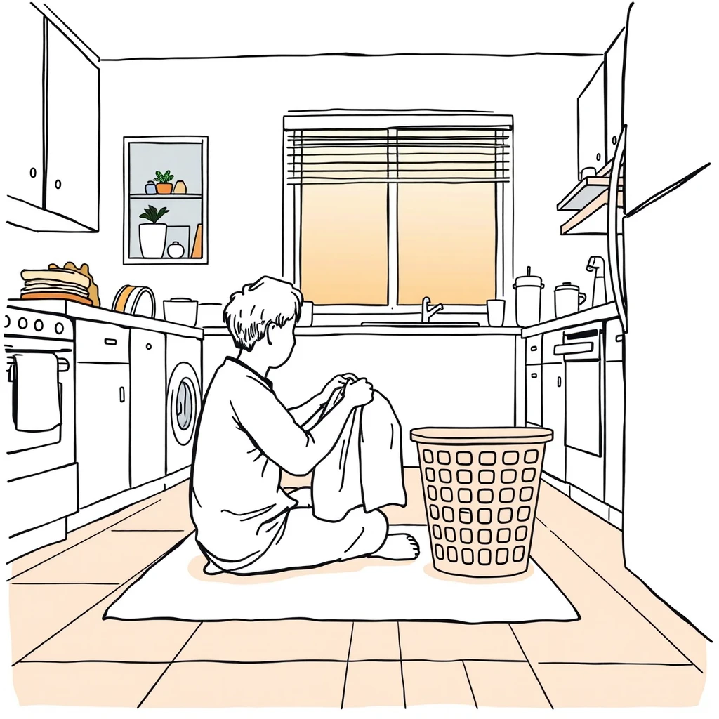 キッチンで洗濯物をたたむ住人のイラスト（手描き風）