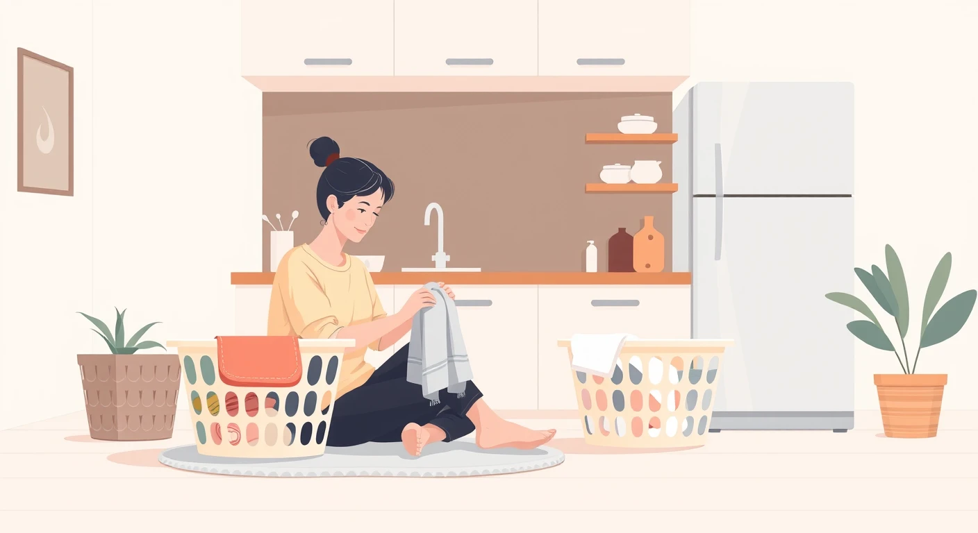 キッチンで洗濯物をたたむ住人のイラスト（フラットイラスト）