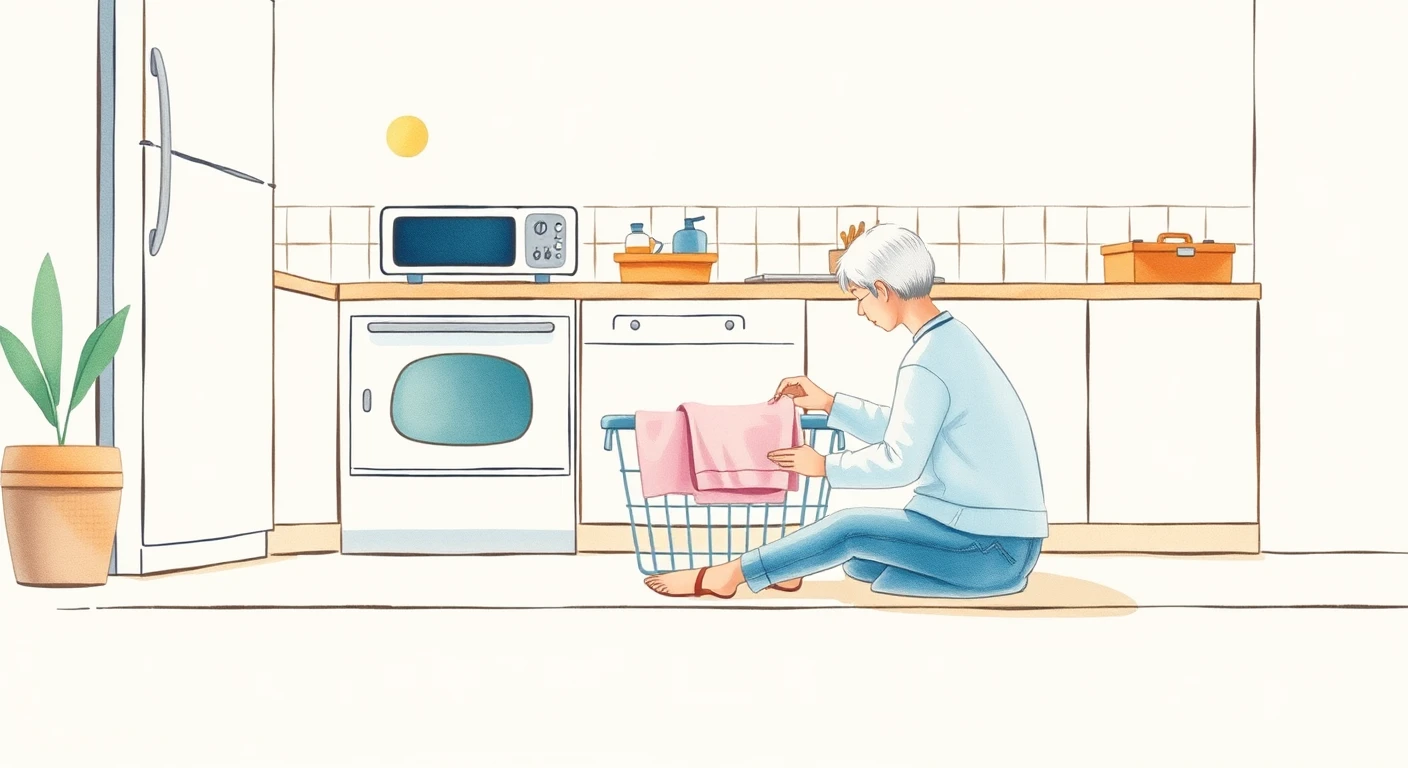 キッチンで洗濯物をたたむ住人のイラスト（水彩）