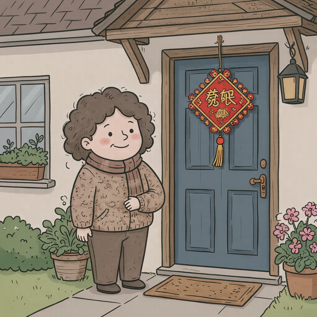 Illustration of one resident standing and hanging a straw New Year decoration on the door, at the front door of a house, at the end of the year (loose cartoon)