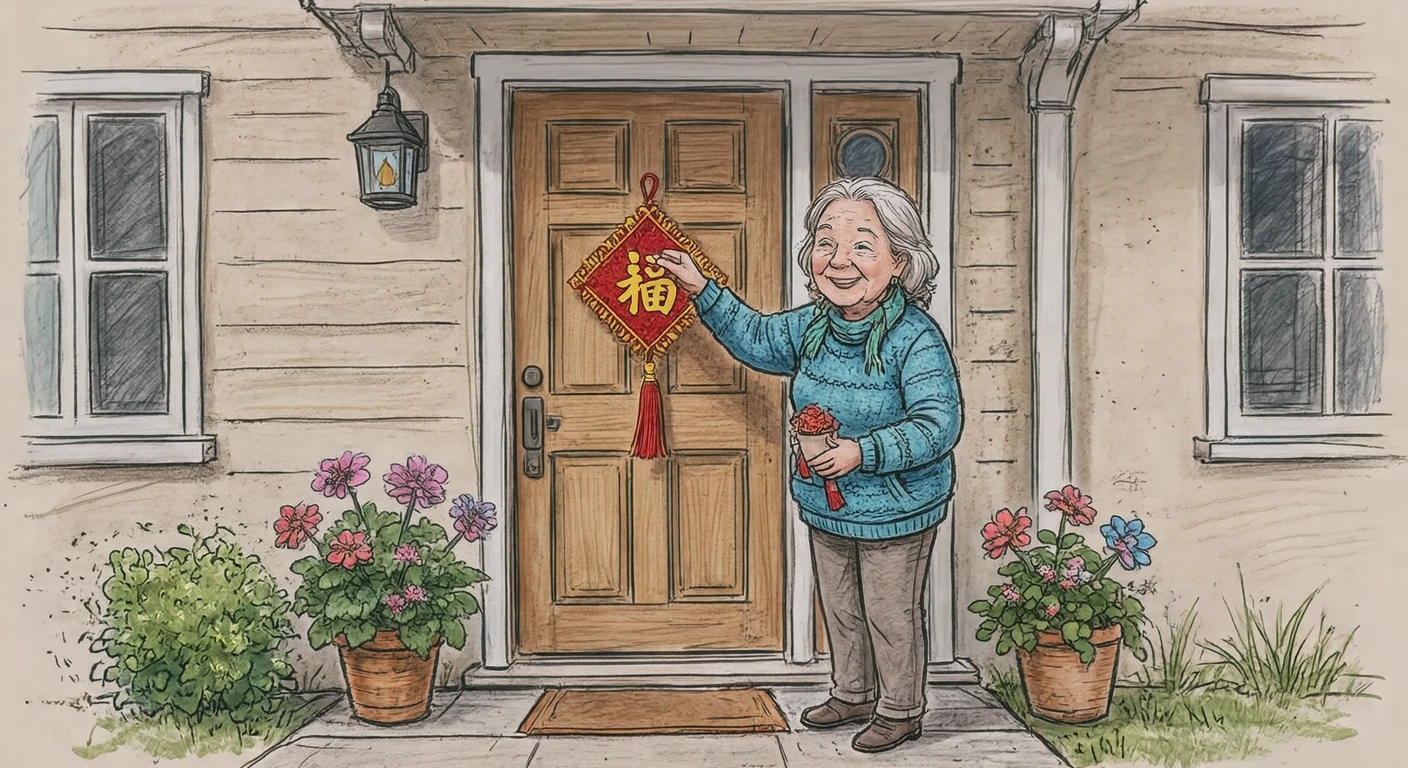 Illustration of one resident standing and hanging a straw New Year decoration on the door, at the front door of a house, at the end of the year (hand-drawn)