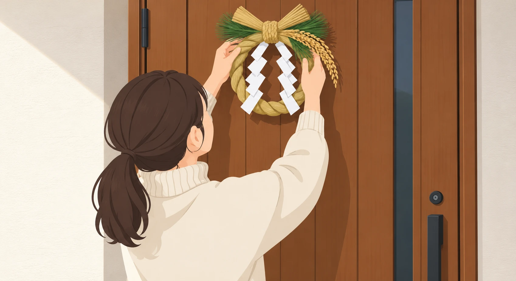 玄関で戸にしめ飾りを掛ける住人のイラスト（フラットイラスト）