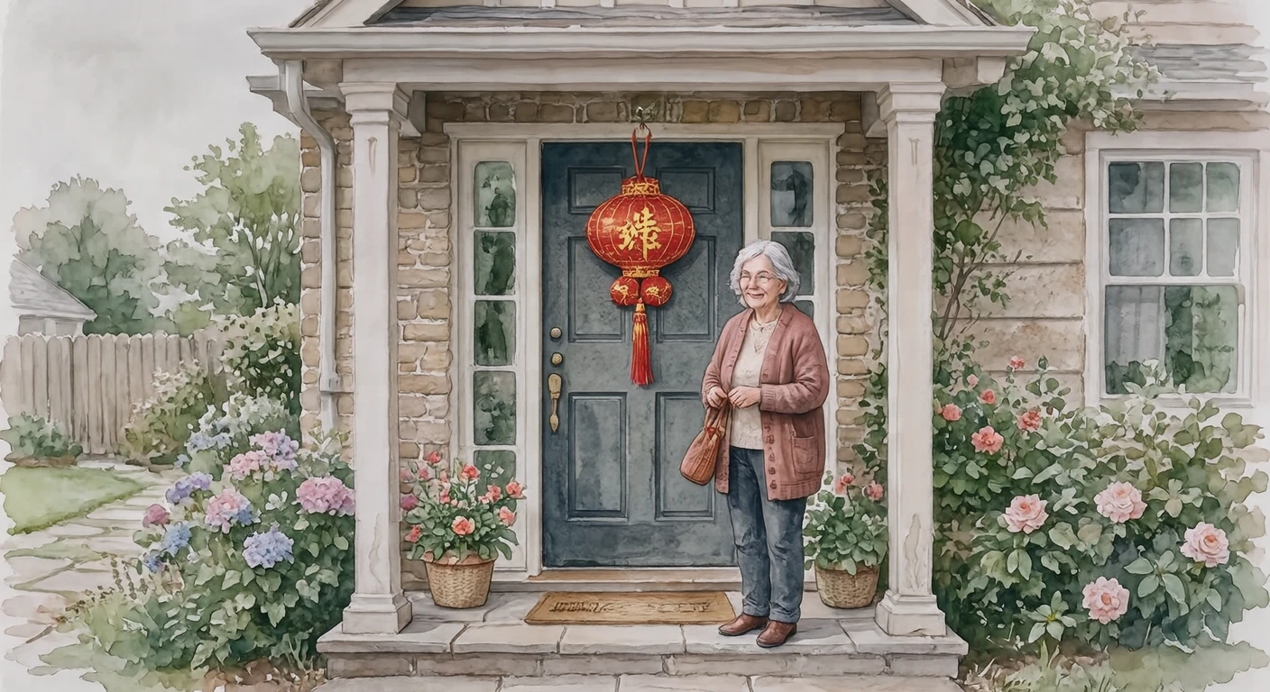 Illustration of one resident standing and hanging a straw New Year decoration on the door, at the front door of a house, at the end of the year (watercolor)