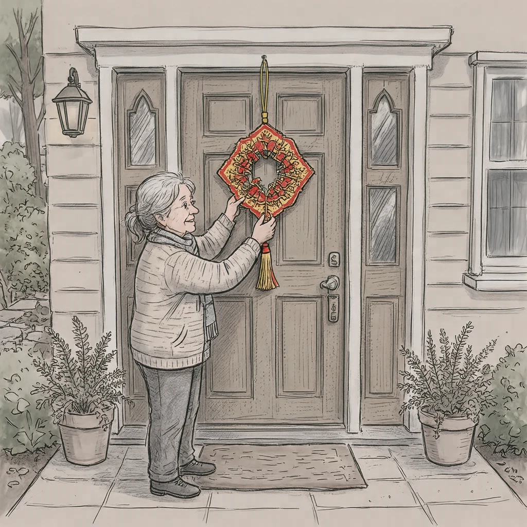Illustration of one resident standing and hanging a straw New Year decoration on the door, at the front door of a house, at the end of the year (hand-drawn)