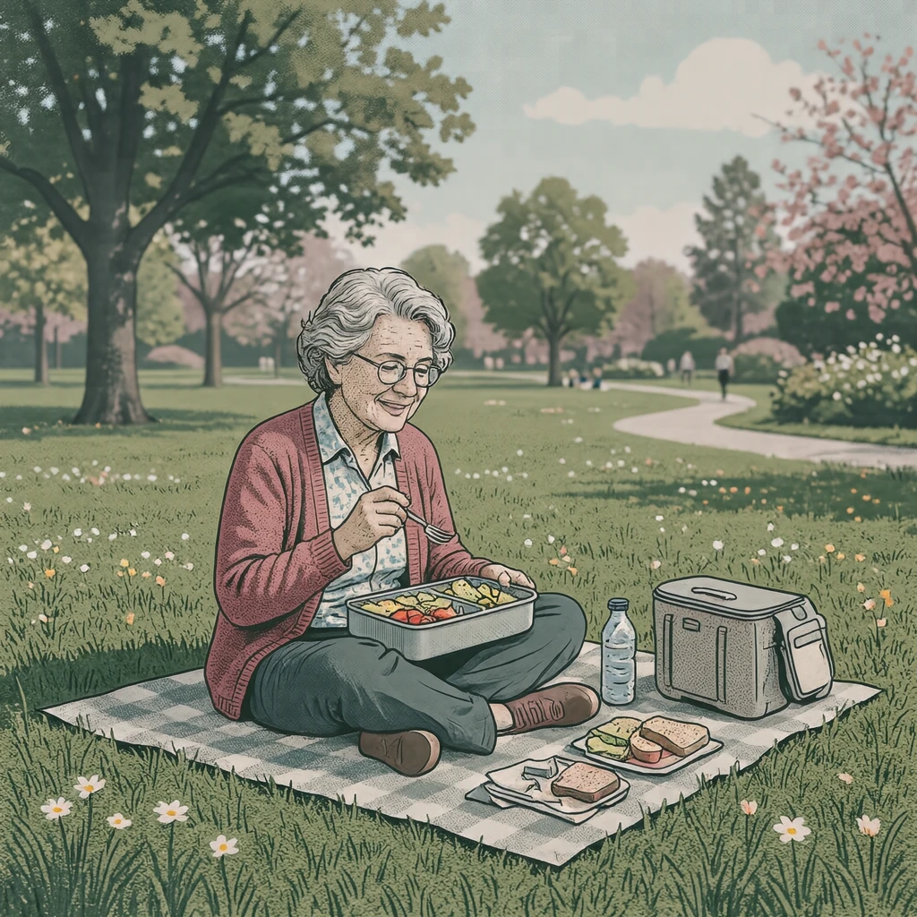 Illustration of one resident sitting on a picnic sheet and eating from an open lunch box, on the wide lawn of a sunny park, on a mild spring day (retro print)