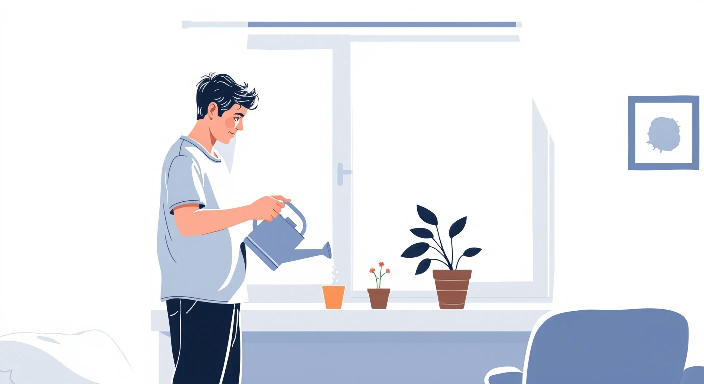 家事の自宅で鉢植えに水をやる住人のイラスト（グアッシュ）