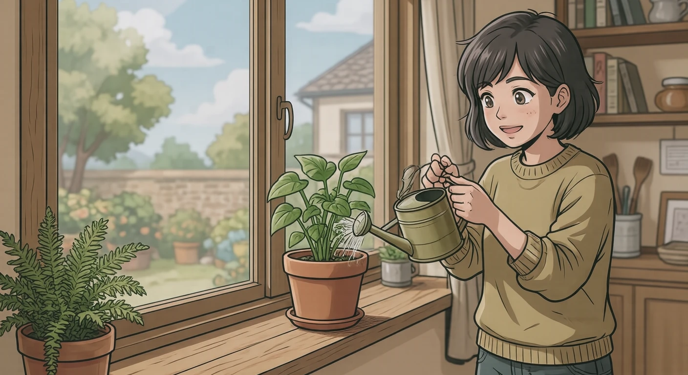 家事の自宅で鉢植えに水をやる住人のイラスト（アニメ塗り）