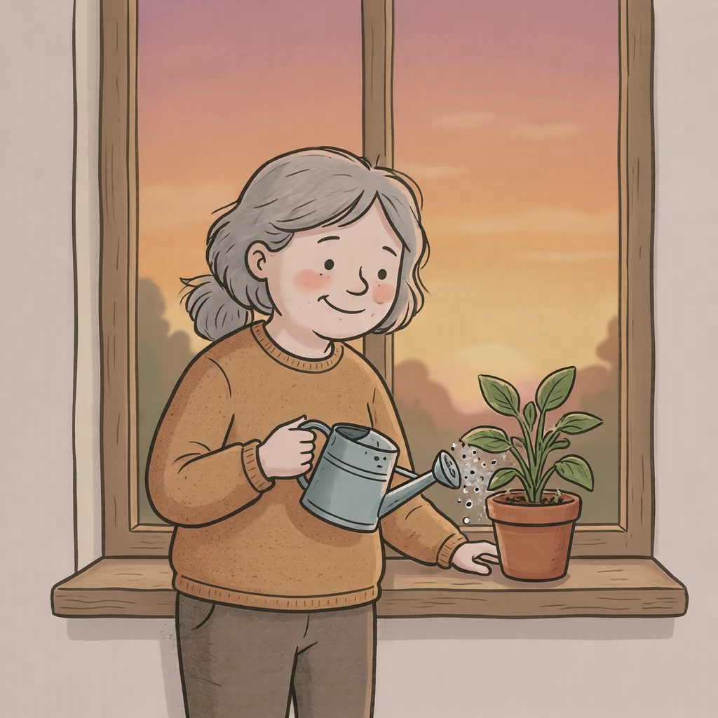 自宅で鉢植えに水をやる住人のイラスト（ゆるいイラスト）
