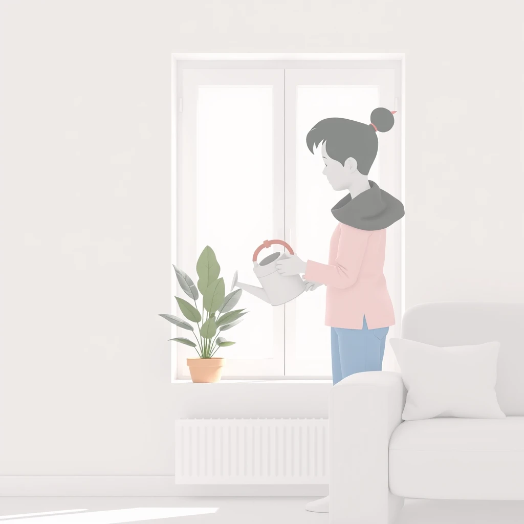 家事の自宅で鉢植えに水をやる住人のイラスト（ソフト3D）