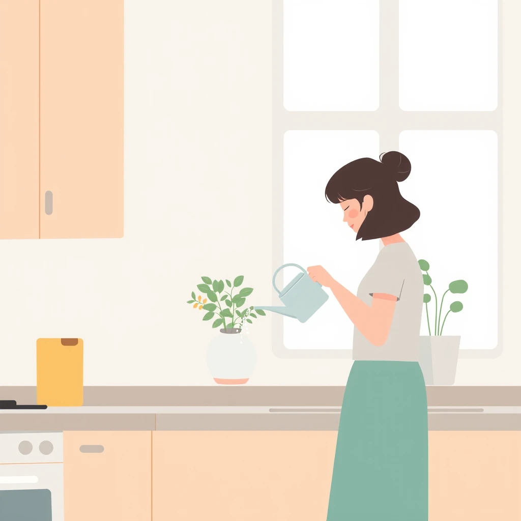家事のキッチンで鉢植えに水をやる住人のイラスト（ソフトパステル）