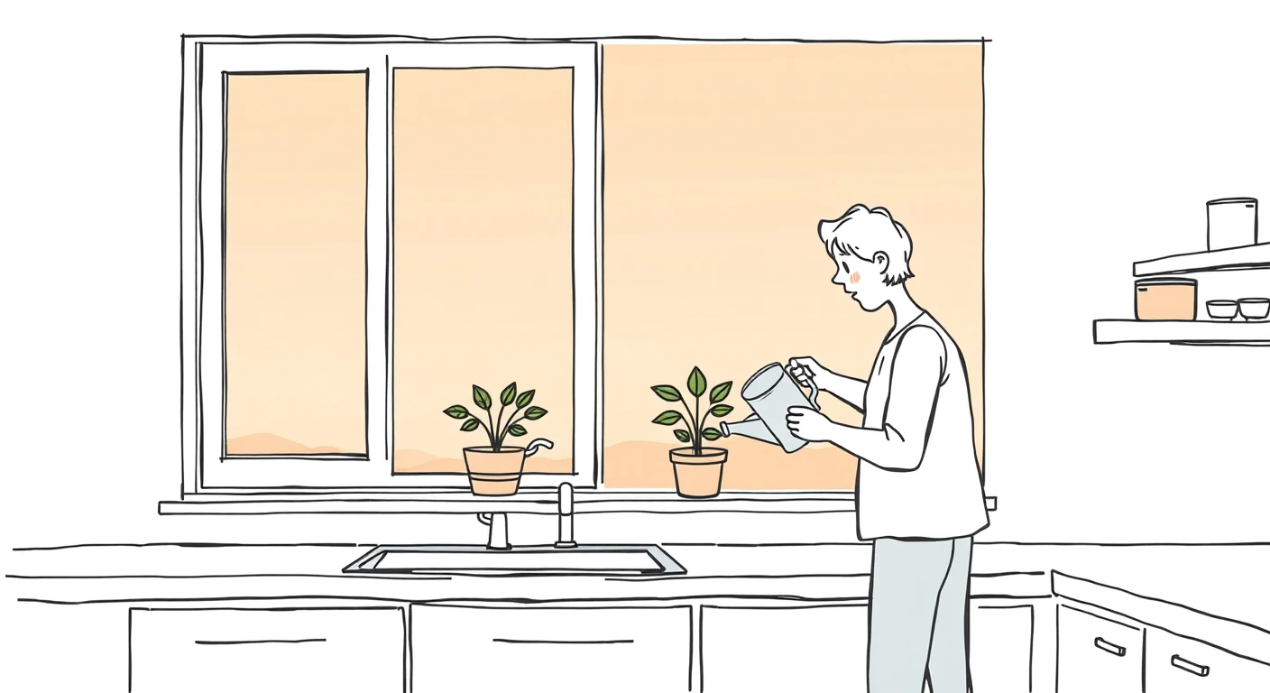 家事のキッチンで鉢植えに水をやる住人のイラスト（手描き風）