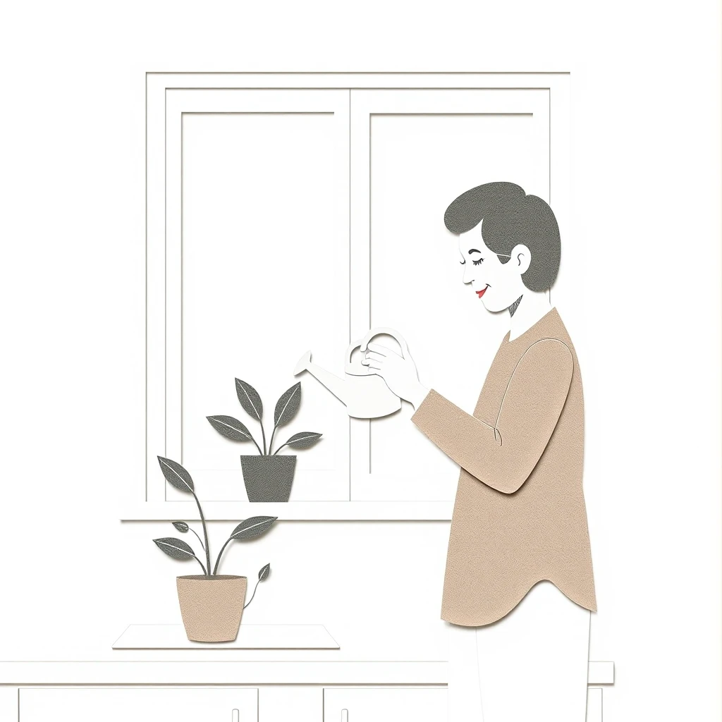 家事のキッチンで鉢植えに水をやる住人のイラスト（切り絵）
