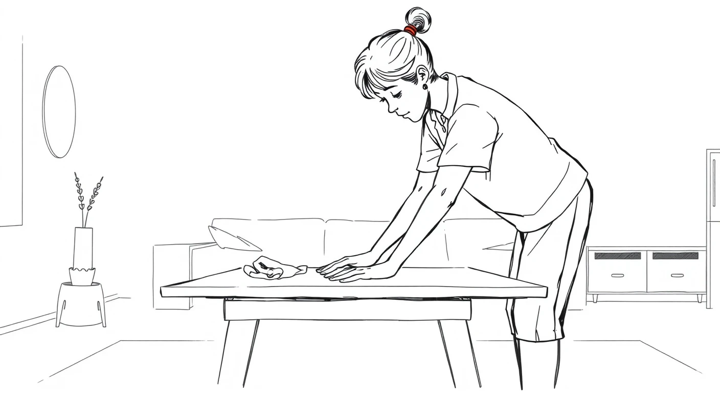 家事の自宅でテーブルを拭く住人のイラスト（手描き風）