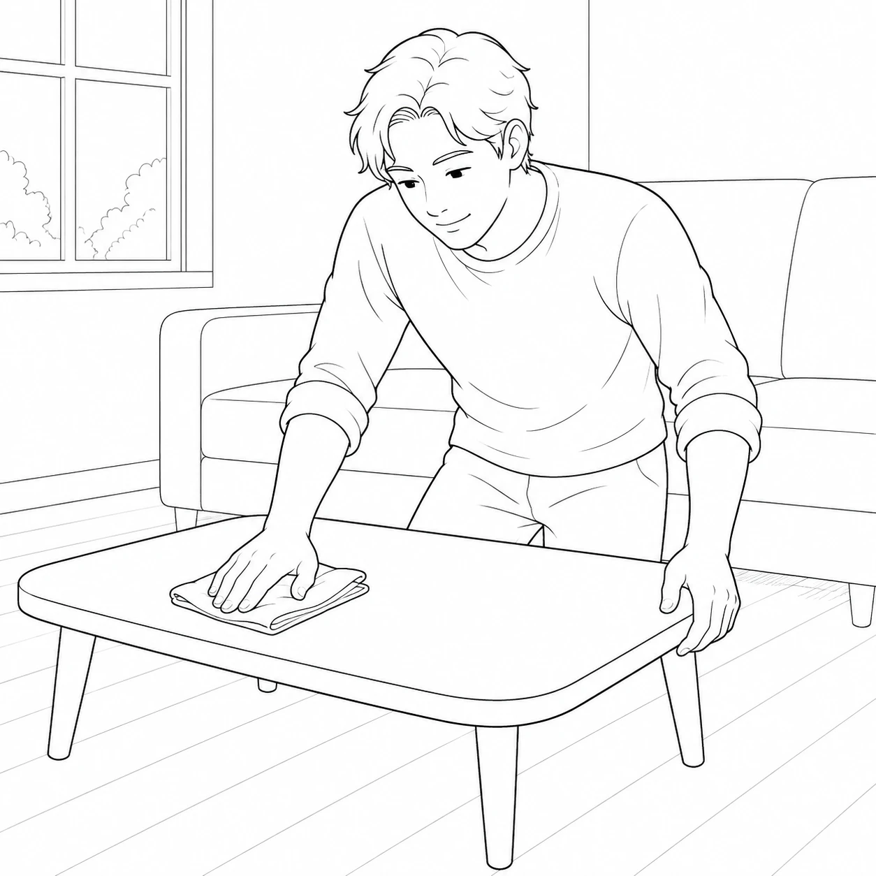 家事の自宅でテーブルを拭く住人のイラスト（シンプル線画）