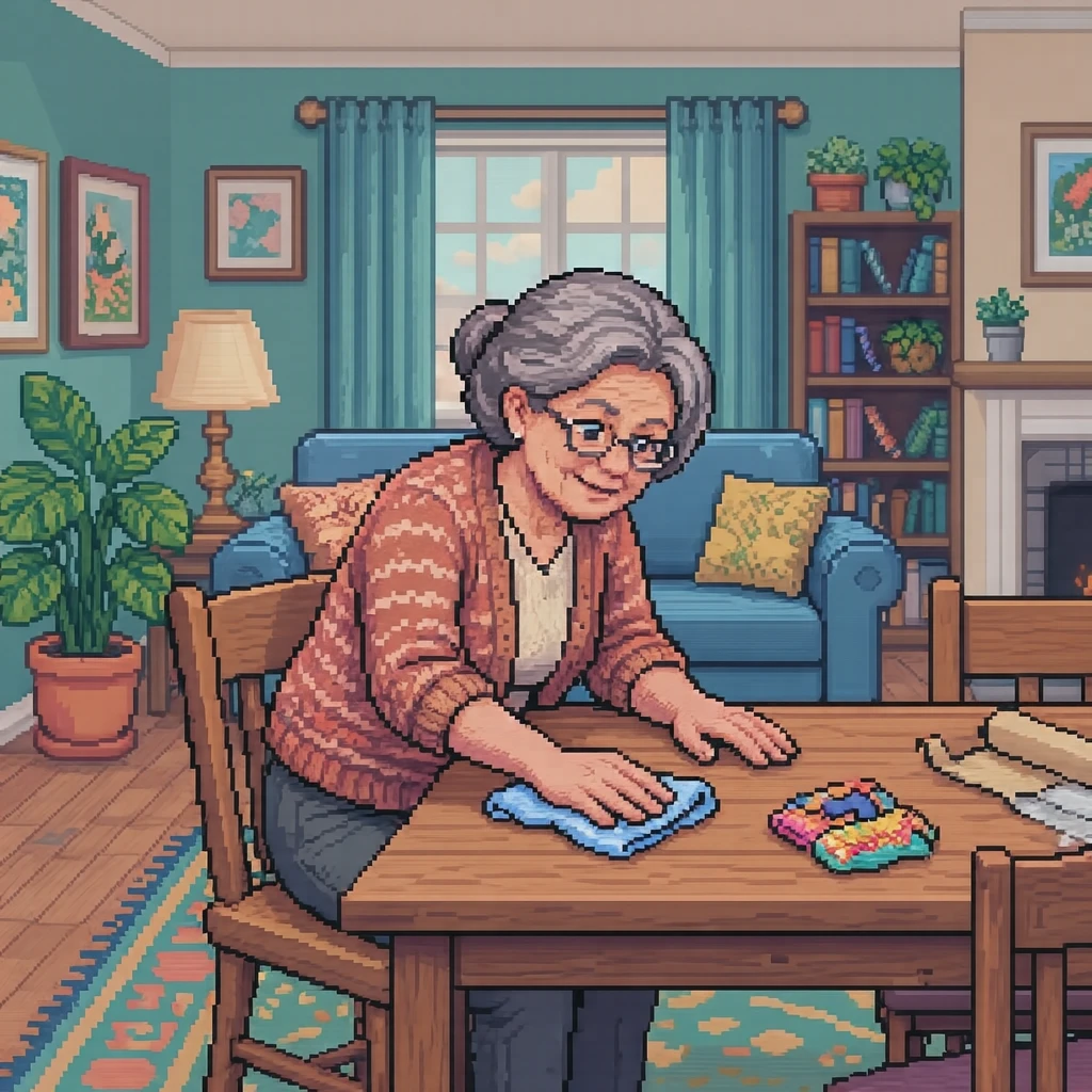 自宅でテーブルを拭く住人のイラスト（ドット絵）