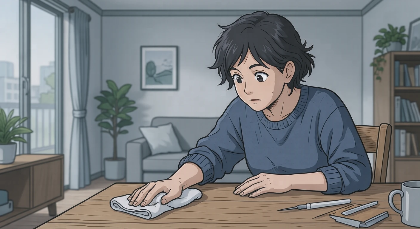 自宅でテーブルを拭く住人のイラスト（アニメ塗り）