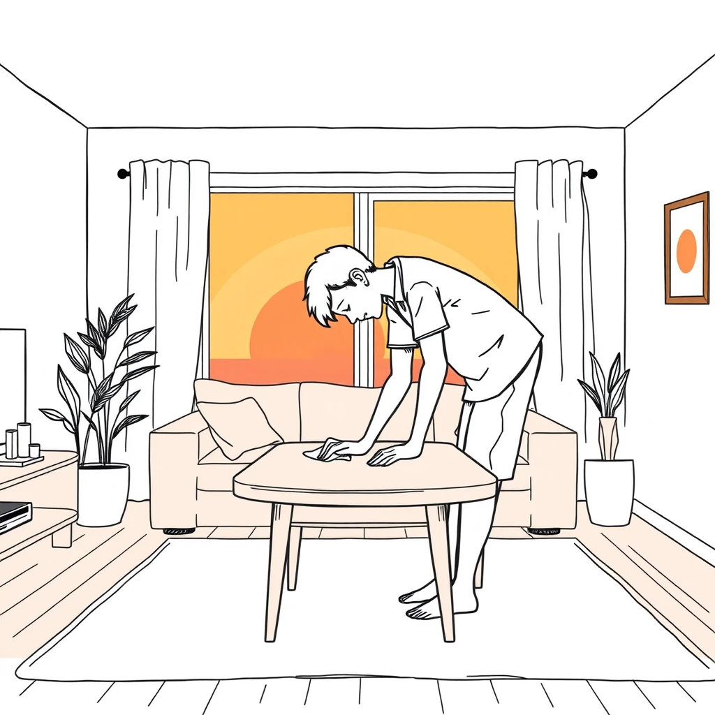 家事の自宅でテーブルを拭く住人のイラスト（手描き風）