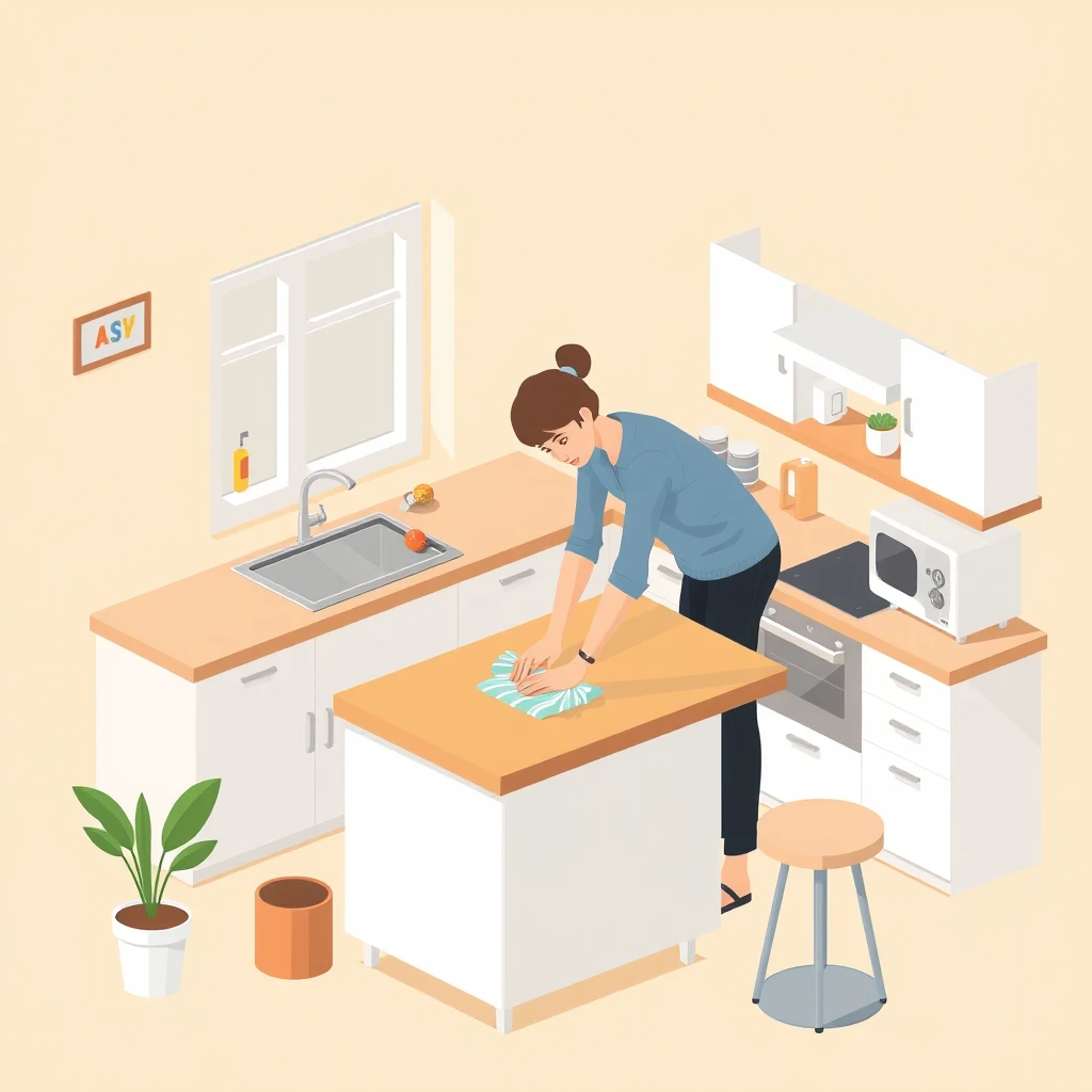 家事のキッチンでテーブルを拭く住人のイラスト（アイソメトリック）