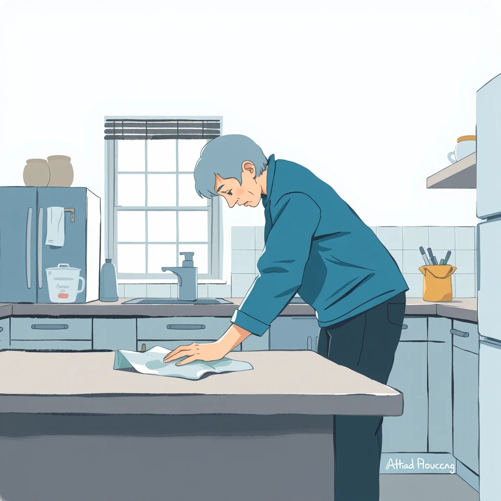 家事のキッチンでテーブルを拭く住人のイラスト（グアッシュ）