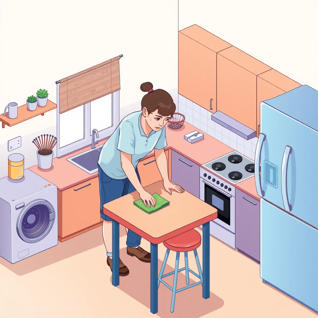家事のキッチンでテーブルを拭く住人のイラスト（アイソメトリック）