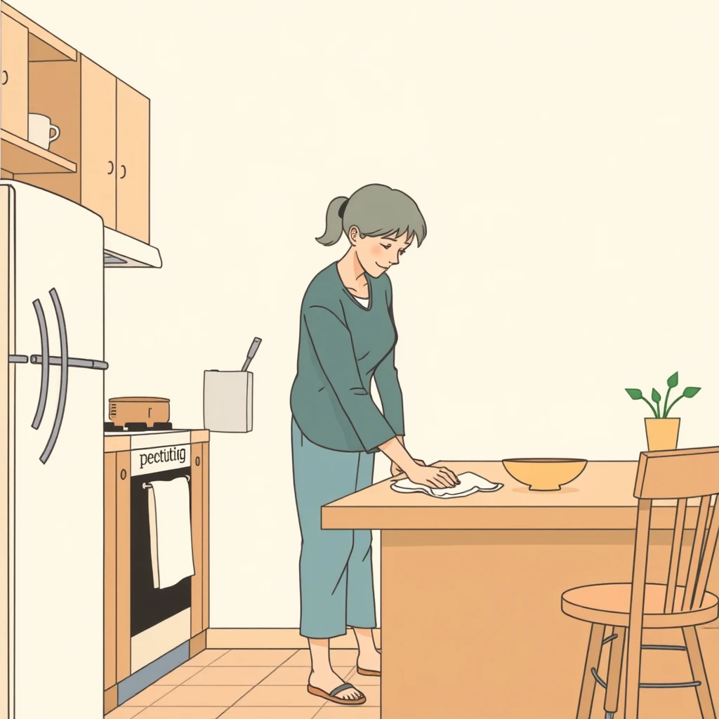 家事のキッチンでテーブルを拭く住人のイラスト（ソフトパステル）