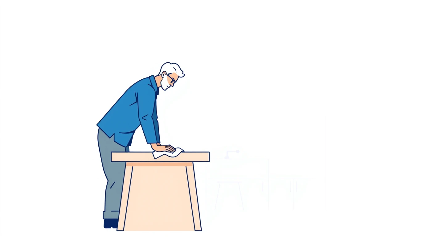 家事のキッチンでテーブルを拭く住人のイラスト（グラフィックポスター）