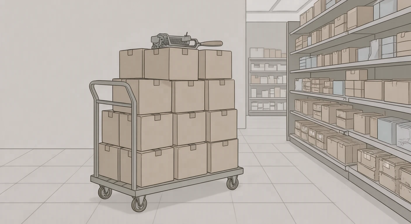 Illustration of a stocking cart loaded with cardboard boxes (simple line art)