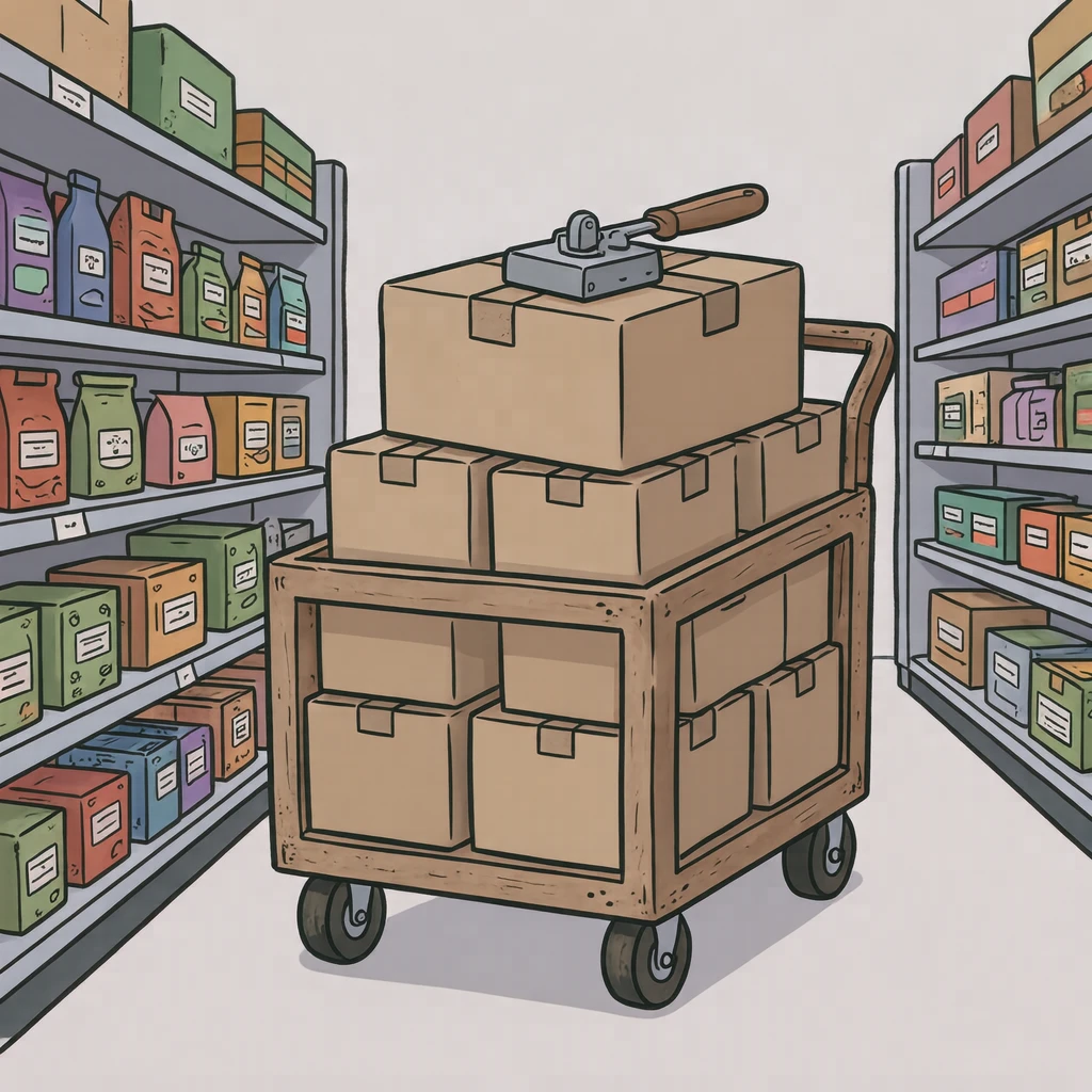 Illustration of a stocking cart loaded with cardboard boxes (loose cartoon)
