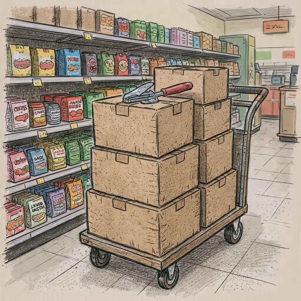 Illustration of a stocking cart loaded with cardboard boxes (hand-drawn)