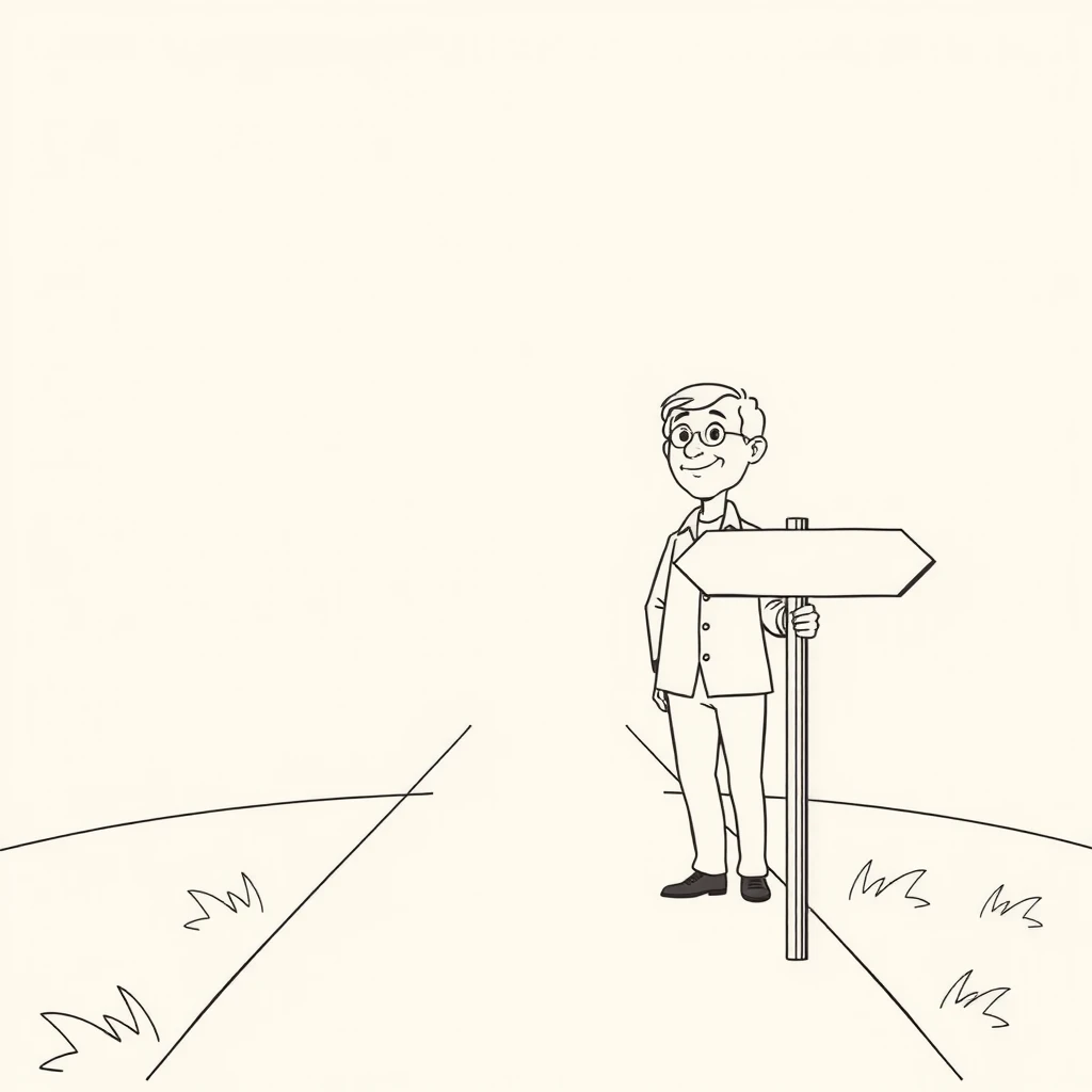 定年後の新しい道を見据えるシニアのシンプルな線画イラスト
