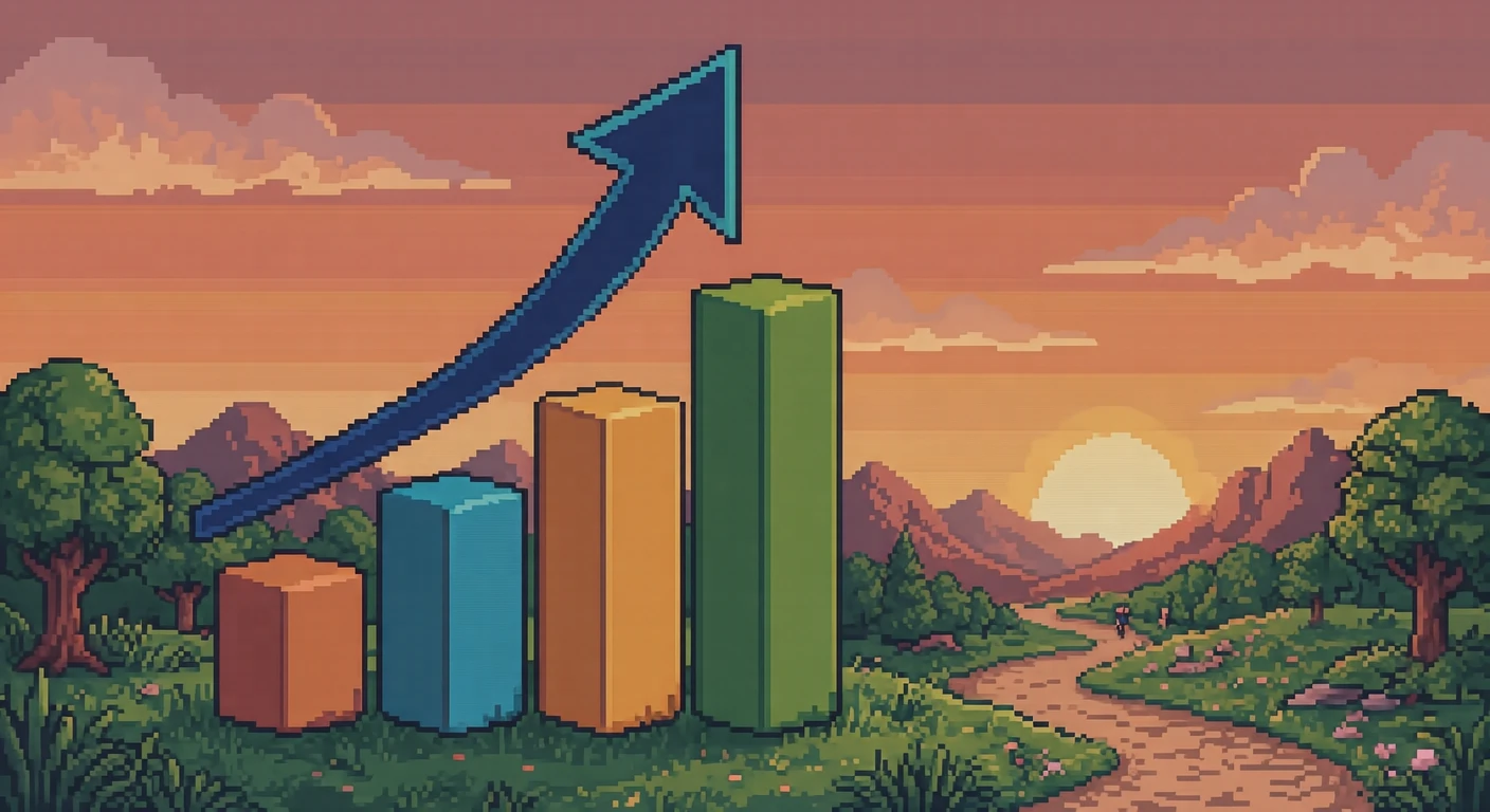 上向きの矢印と伸びる棒グラフのイラスト(ドット絵)