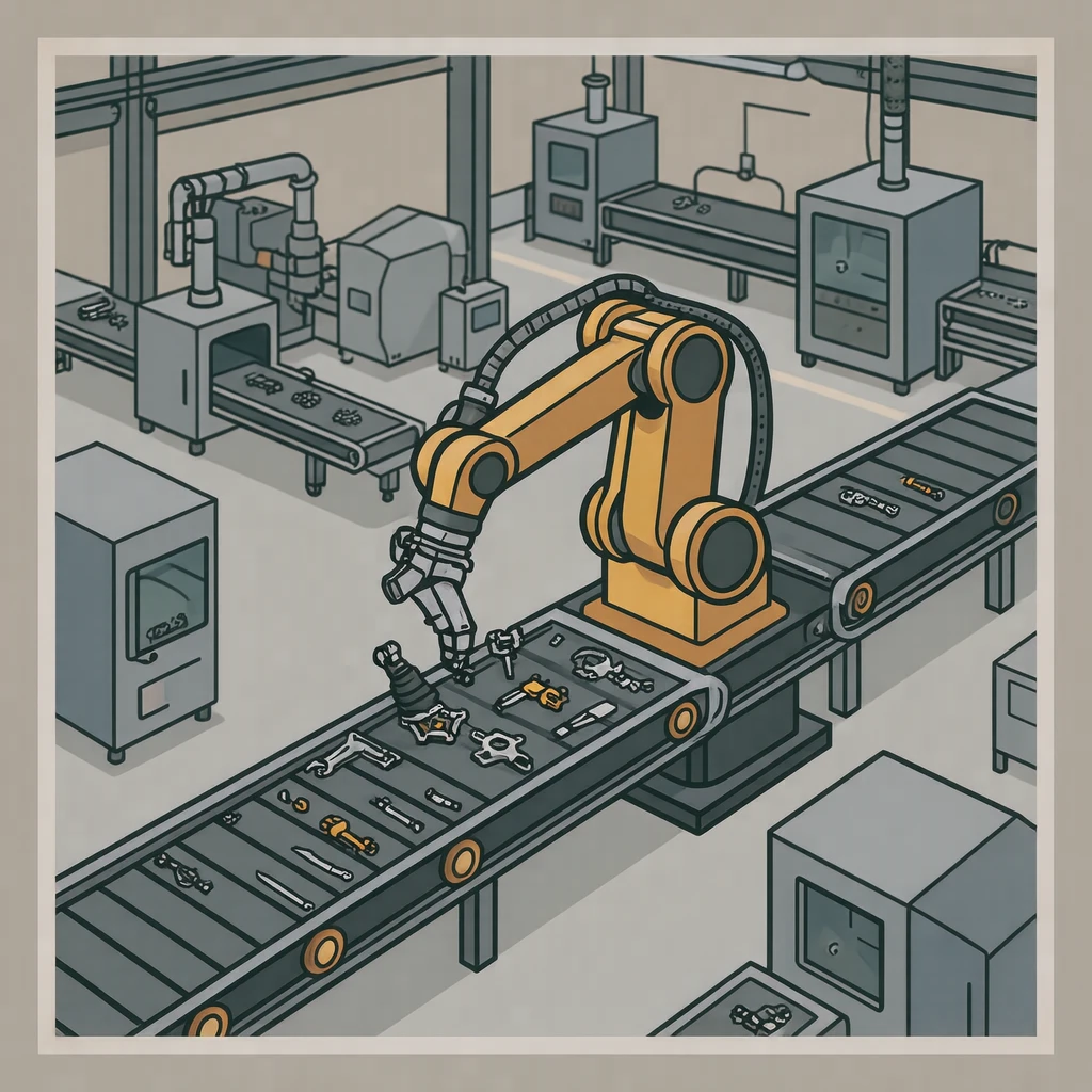 Illustration of a robot arm assembling parts on a factory line (bold graphic)