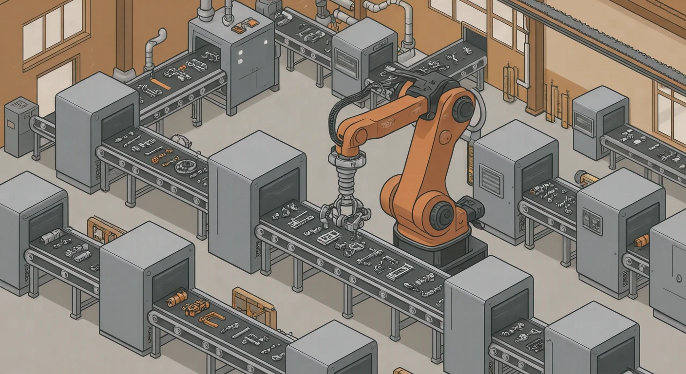 工場のラインで部品を組み立てるロボットアームのイラスト(アイソメトリック)