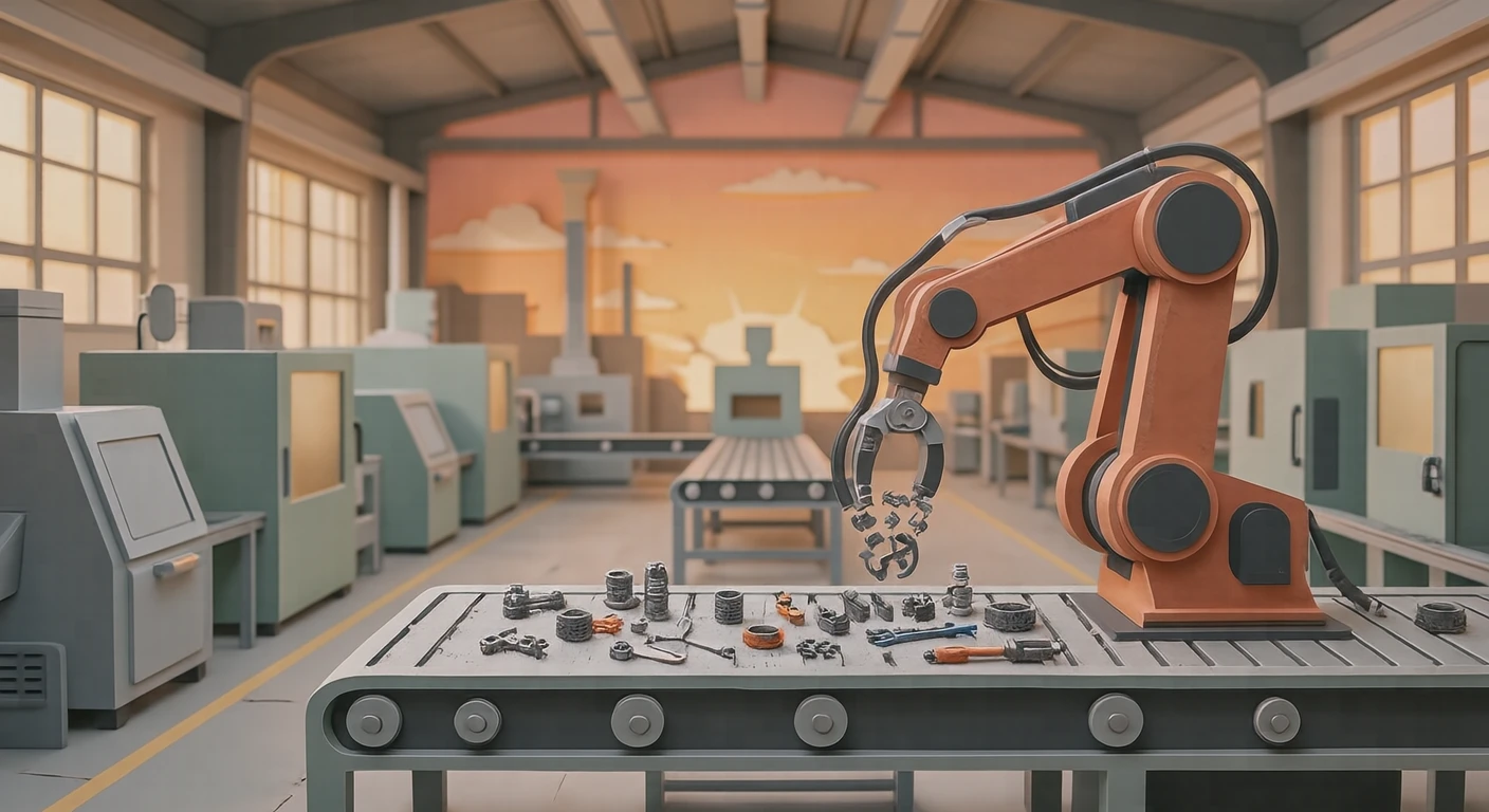 Illustration of a robot arm assembling parts on a factory line (paper cut-out)