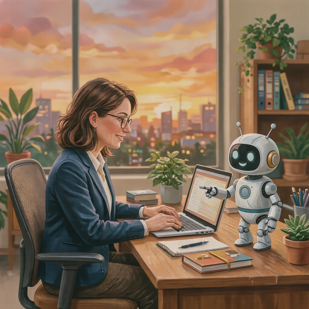 オフィスでノートPC作業を手伝う小型ロボットと会社員のイラスト(グアッシュ)