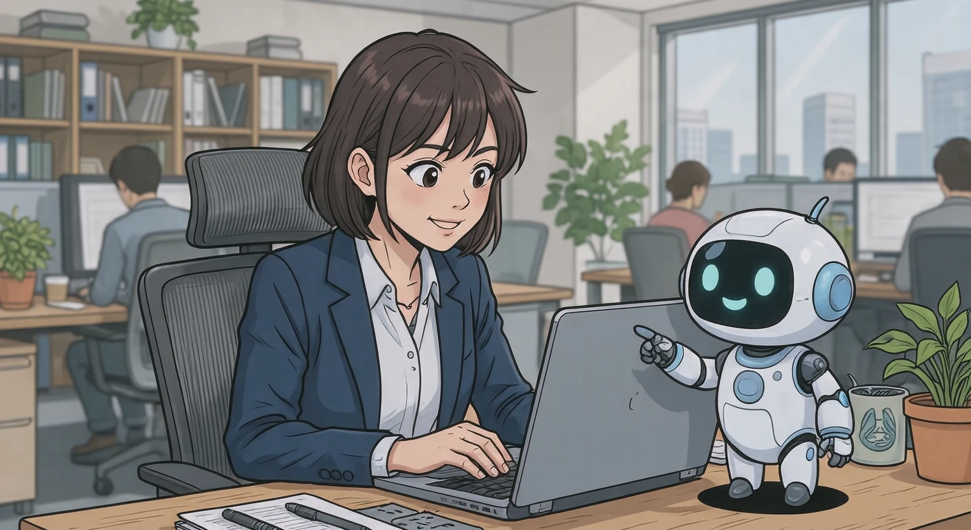 Illustration of a small robot helping an office worker at a laptop (anime cel-shaded)