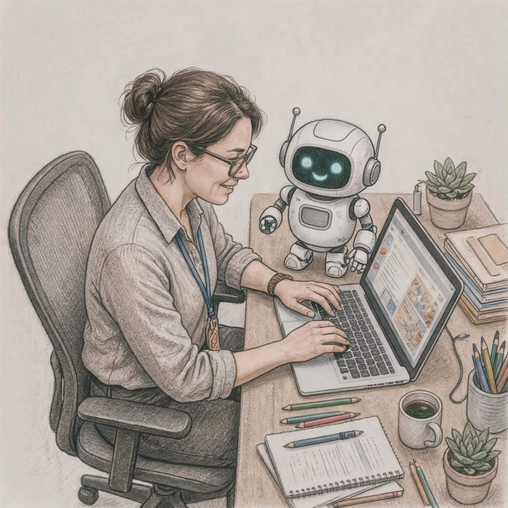 Illustration of a small robot helping an office worker at a laptop (colored pencil)