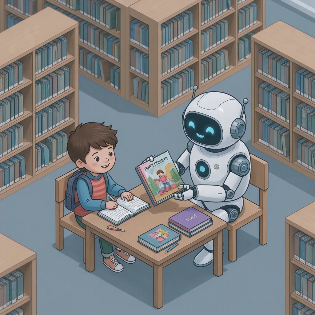 図書室で子どもに絵本を手渡すロボットのイラスト(アイソメトリック)