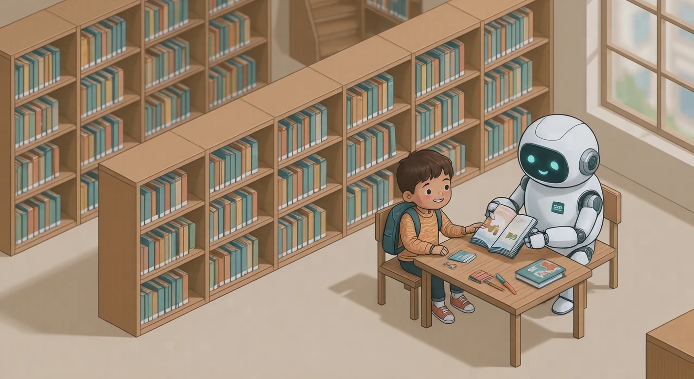 図書室で子どもに絵本を手渡すロボットのイラスト(アイソメトリック)