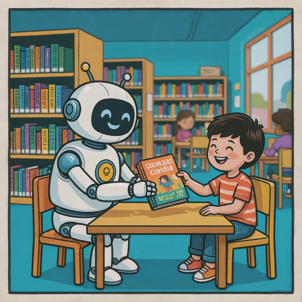 도서실에서 아이에게 그림책을 건네는 로봇 일러스트 (그래픽 포스터)