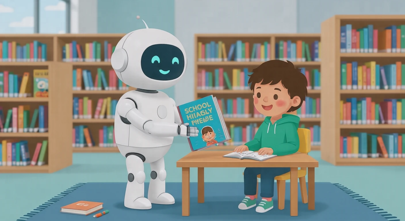 図書室で子どもに絵本を手渡すロボットのイラスト(フラットイラスト)